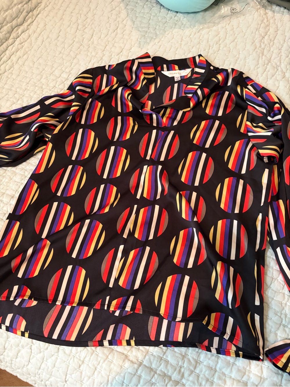 Silky Black Blouse with Multicolor Striped Circle Print